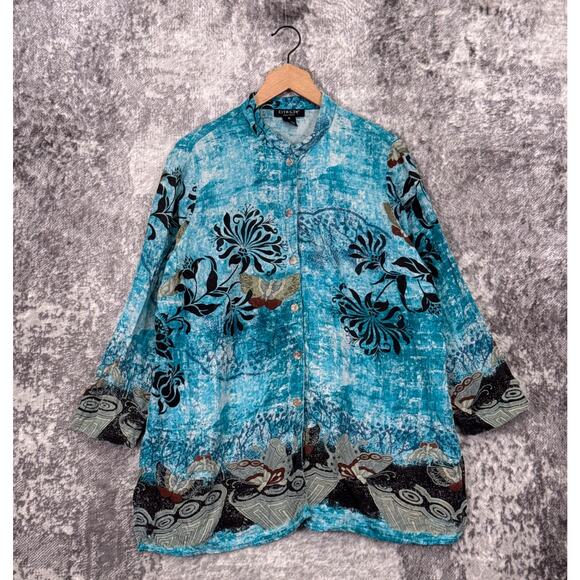 Citron Santa Monica Tunic Top 1X Womens Blue Silk Butterfly Mandarin Blouse - Picture 1 of 7
